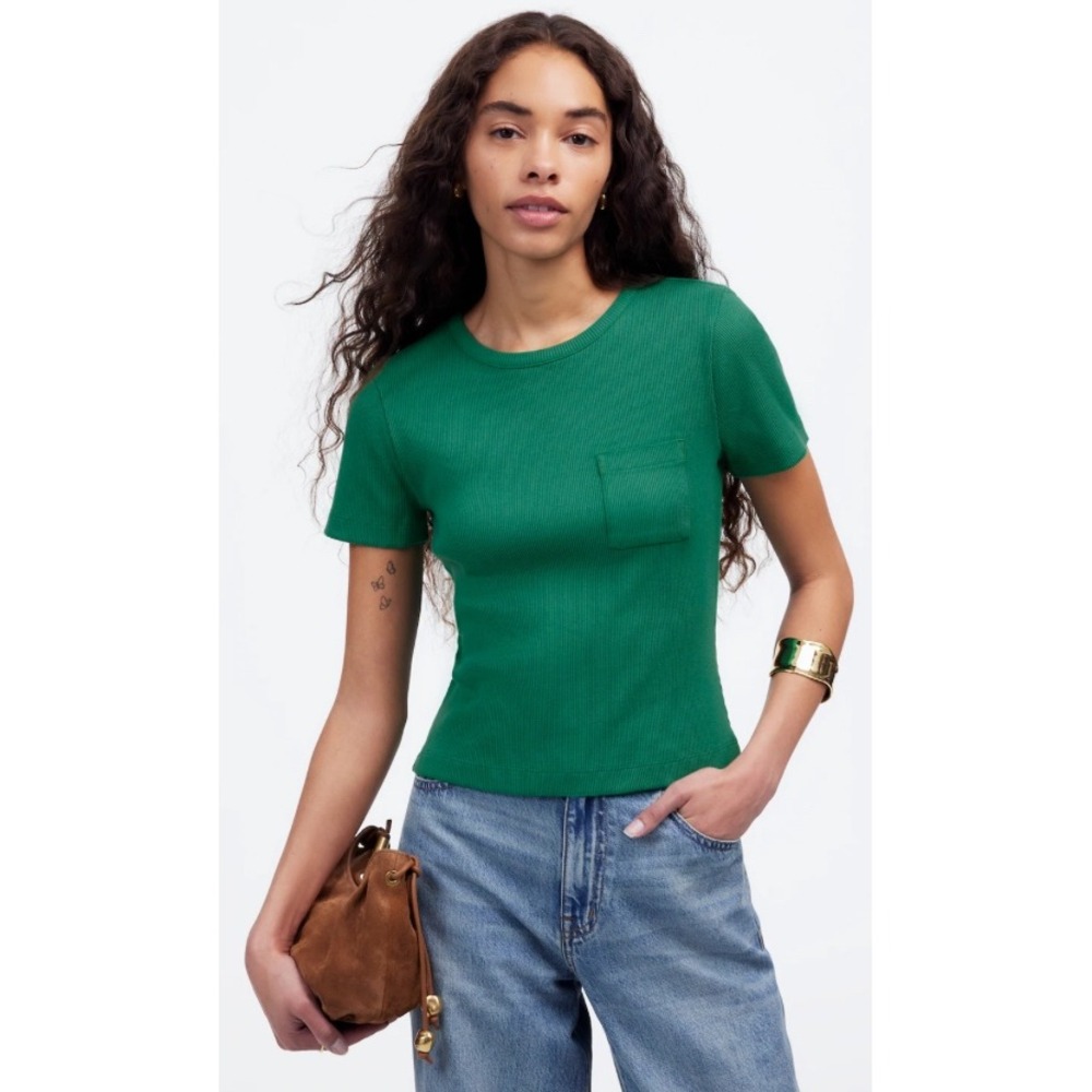 Madewell Garment-Dyed Ribbed Crewneck Pocket Tee Verdant Green Women's Small